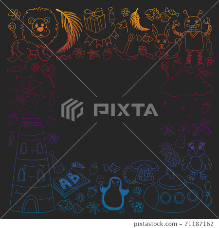 Vector kindergarten pattern with animals and toys. Illustration for little boys and girls. Vector kindergarten pattern with animals and toys. Illustration for little boys and girls. 71187162