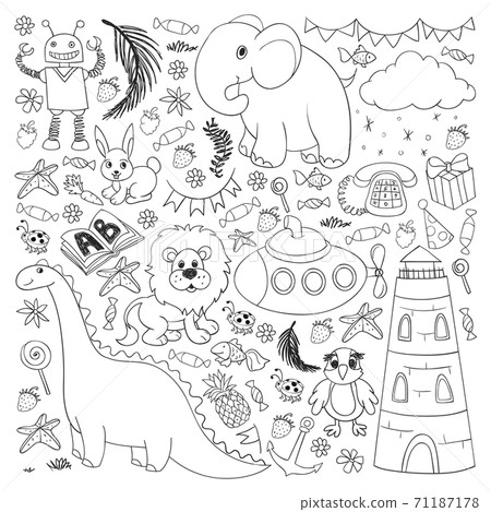 Vector kindergarten pattern with animals and toys. Illustration for little boys and girls. Vector kindergarten pattern with animals and toys. Illustration for little boys and girls. 71187178