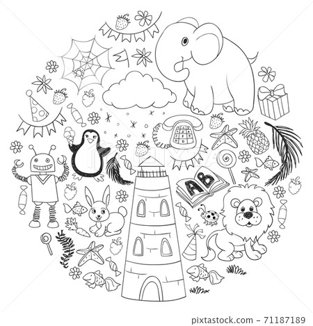 Vector kindergarten pattern with animals and toys. Illustration for little boys and girls. Vector kindergarten pattern with animals and toys. Illustration for little boys and girls. 71187189