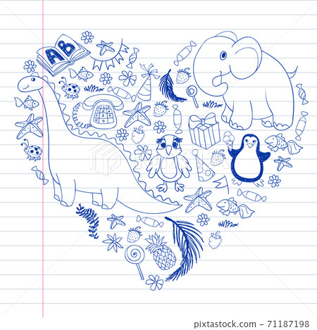 Vector kindergarten pattern with animals and toys. Illustration for little boys and girls. Vector kindergarten pattern with animals and toys. Illustration for little boys and girls. 71187198