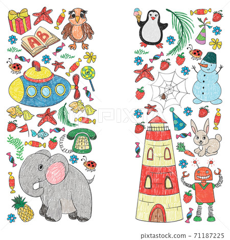 Vector kindergarten pattern with animals and toys. Illustration for little boys and girls. 71187225