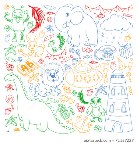 Vector kindergarten pattern with animals and toys. Illustration for little boys and girls. Vector kindergarten pattern with animals and toys. Illustration for little boys and girls. 71187227
