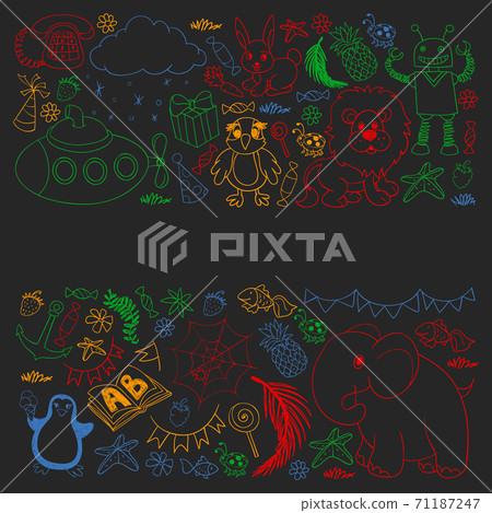 Vector kindergarten pattern with animals and toys. Illustration for little boys and girls. Vector kindergarten pattern with animals and toys. Illustration for little boys and girls. 71187247