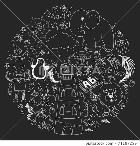Vector kindergarten pattern with animals and toys. Illustration for little boys and girls. Vector kindergarten pattern with animals and toys. Illustration for little boys and girls. 71187259