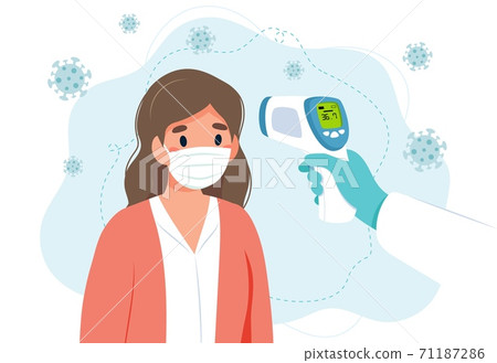 Body temperature check, woman is being checked with infrared thermometer. 71187286
