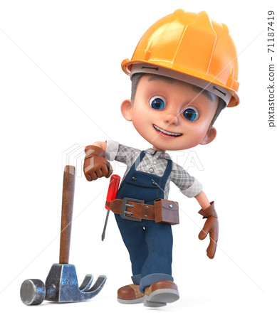 3D illustration funny boy in construction helmet and overalls 3D illustration funny boy in construction helmet and overalls 71187419