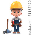 3D illustration funny boy in construction helmet and overalls 71187420