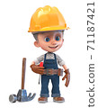 3D illustration funny boy in construction helmet and overalls 71187421