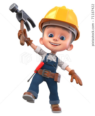3D illustration funny boy in construction helmet and overalls 3D illustration funny boy in construction helmet and overalls 71187422