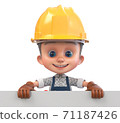 3D illustration funny boy in construction helmet and overalls 71187426