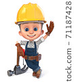3D illustration funny boy in construction helmet and overalls 71187428