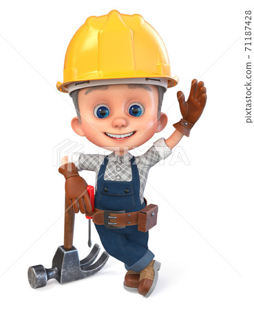 3D illustration funny boy in construction helmet and overalls 3D illustration funny boy in construction helmet and overalls 71187428
