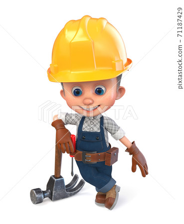 3D illustration funny boy in construction helmet and overalls 3D illustration funny boy in construction helmet and overalls 71187429