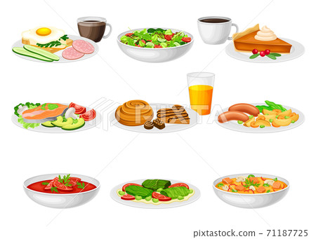 Diffeteren Main Course Different Dishes and Main Courses Served on... - Stock Illustration ...