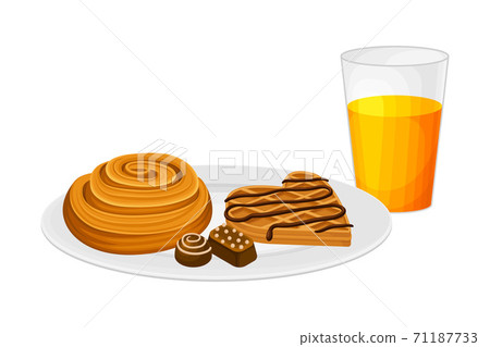 Sweet Twisted Bun and Waffle Rested on Plate with Glass of Fresh Juice Vector Illustration Sweet Twisted Bun and Waffle Rested on Plate with Glass of Fresh Juice Vector Illustration 71187733