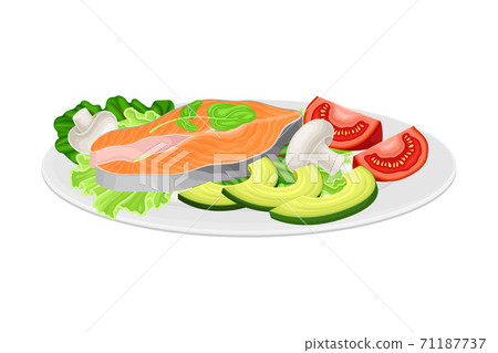 Salmon Steak with Leafy Vegetables as Seafood Dish Vector Illustration Salmon Steak with Leafy Vegetables as Seafood Dish Vector Illustration 71187737