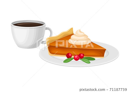 Piece of Baked Pumpkin Pie with Whipped Cream on Top with Cup of Hot Coffee Vector Illustration 71187739