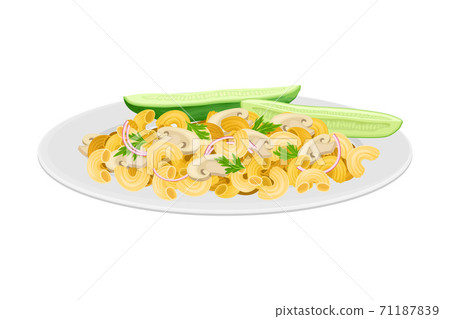 Pasta Mixed with Mushrooms and Herbs and Sliced Cucumber Rested on Plate Vector Illustration Pasta Mixed with Mushrooms and Herbs and Sliced Cucumber Rested on Plate Vector Illustration 71187839