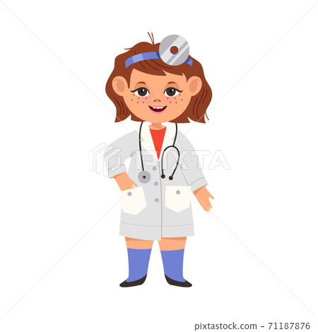 Cheerful Girl in White Gown and with Stethoscope Depicting Doctor Profession Vector Illustration Cheerful Girl in White Gown and with Stethoscope Depicting Doctor Profession Vector Illustration 71187876