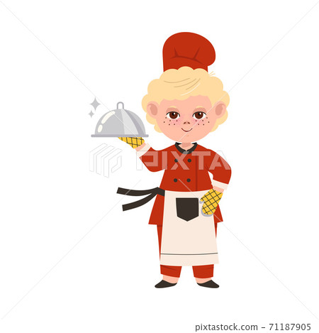 Cute Boy Chef in Toque and Apron Holding Metal Tray Vector Illustration 71187905