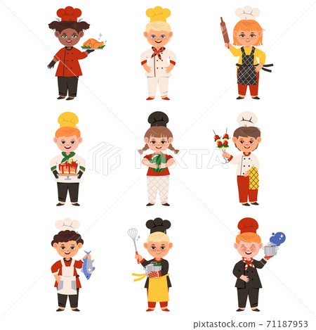 Smiling Kids Wearing Colorful Toques and Aprons Cooking Vector Set Smiling Kids Wearing Colorful Toques and Aprons Cooking Vector Set 71187953