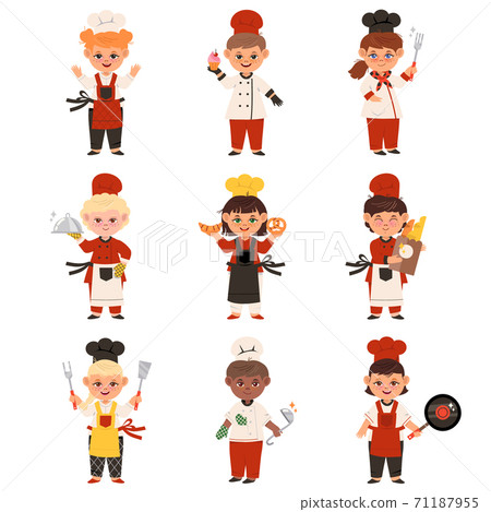 Smiling Kids Wearing Colorful Toques and Aprons Cooking Vector Set Smiling Kids Wearing Colorful Toques and Aprons Cooking Vector Set 71187955