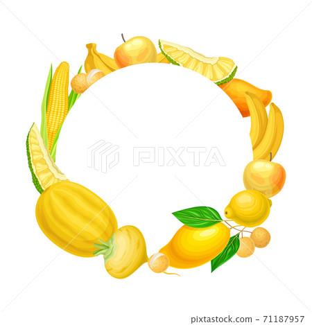 Colorful Fruit and Vegetables Arranged in Round Frame Vector Illustration Colorful Fruit and Vegetables Arranged in Round Frame Vector Illustration 71187957