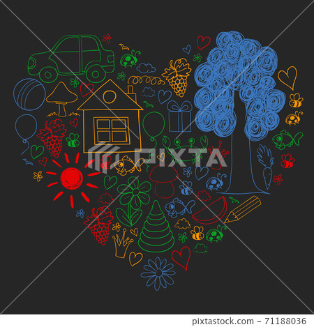Vector kindergarten pattern with helicopter, house, toys, ship. Boys and girls online education. Vector kindergarten pattern with helicopter, house, toys, ship. Boys and girls online education. 71188036