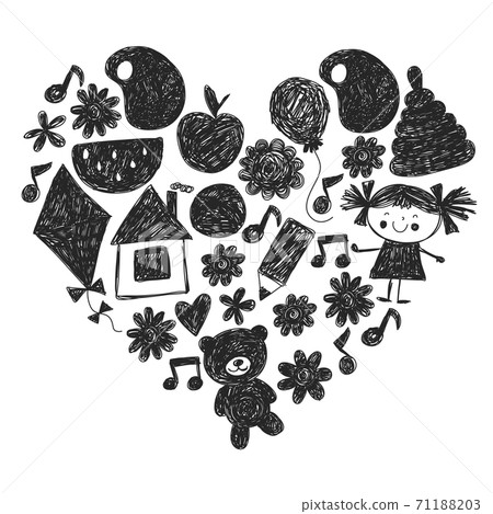 Kindgergarten vector pattern. Kids drawing style. Children play and grow, creativity and imagination. School student. Kindgergarten vector pattern. Kids drawing style. Children play and grow, creativity and imagination. School student. 71188203