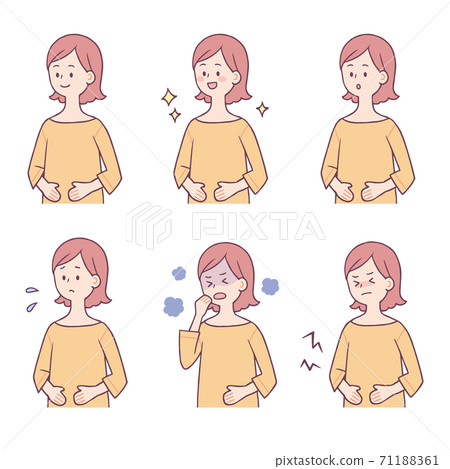 Facial expression / pose set for a woman who holds her stomach 71188361