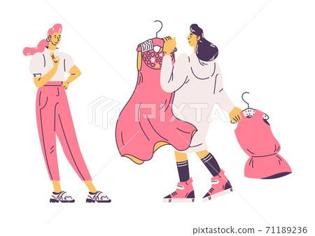 Woman choosing clothes to wear with friend. Outline characters with hangers isolated on white. Girls fashion concept scene Woman choosing clothes to wear with friend. Outline characters with hangers isolated on white. Girls fashion concept scene 71189236