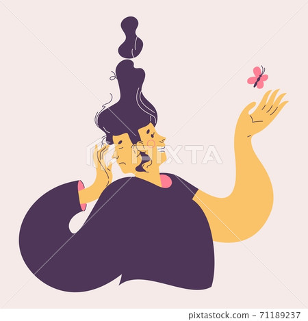 Bipolar disorder vector illustration. Woman with two faces. One is happy, another onw is deeply sad. Isolated on beige background concept character Bipolar disorder vector illustration. Woman with two faces. One is happy, another onw is deeply sad. Isolated on beige background concept character 71189237