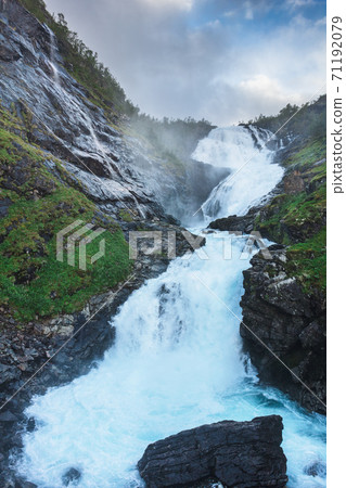 kjosfossen waterfall by Flam to myrdal flamsbana railway line kjosfossen waterfall by Flam to myrdal flamsbana railway line 71192079