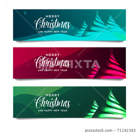 Set of cards or posters for Merry Christmas and happy new year greeting with stylized ribbon Christmas tree with star and calligraphy signature 71192383