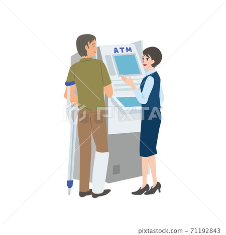 Illustration of a man on crutches and a woman helping with ATM operation Illustration of a man on crutches and a woman helping with ATM operation 71192843