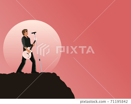 A musician plays guitar and sings on the top of the mountain with a moon and pink sky background. 71195842