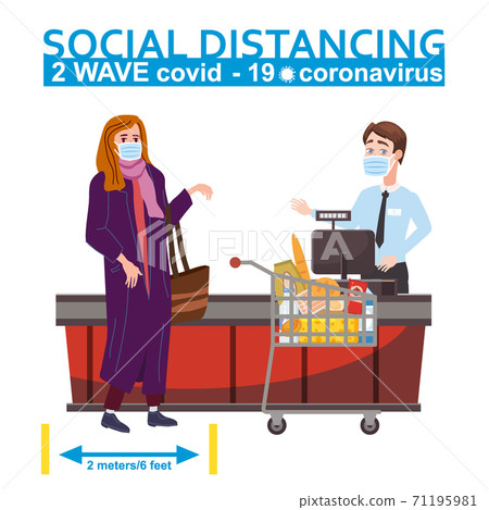 Supermarket social distancing store counter cashier and buyer in medical masks, with cart and basket of food. Quarantine coronavirus 2019-nCoV 2 wave in the store epidemic precautions. Cartoon style Supermarket social distancing store counter cashier and buyer in medical masks, with cart and basket of food. Quarantine coronavirus 2019-nCoV 2 wave in the store epidemic precautions. Cartoon style 71195981