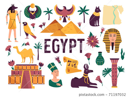 Set of symbols, landmarks, objects of ancient Egypt. Vector illustration Set of symbols, landmarks, objects of ancient Egypt. Vector illustration 71197032