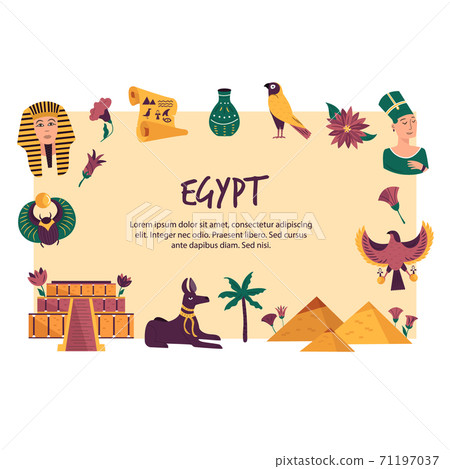 Abstract banner with famous symbols and landmarks of Egypt. Sphinx of Giza, Karnak temple, Valley of Kings 71197037