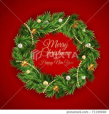 Holiday New Year and Merry Christmas Background with realistic Christmas wreath. Vector Illustration 71199880
