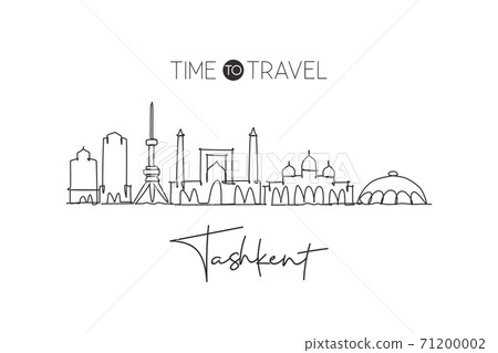 One single line drawing of Tashkent city skyline, Uzbekistan. World historical town landscape. Best holiday destination postcard. Editable stroke trendy continuous line draw design vector illustration One single line drawing of Tashkent city skyline, Uzbekistan. World historical town landscape. Best holiday destination postcard. Editable stroke trendy continuous line draw design vector illustration 71200002