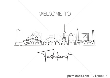 One continuous line drawing Tashkent city skyline, Uzbekistan. Beautiful landmark wall decor poster print. World landscape tourism travel vacation. Stylish single line draw design vector illustration One continuous line drawing Tashkent city skyline, Uzbekistan. Beautiful landmark wall decor poster print. World landscape tourism travel vacation. Stylish single line draw design vector illustration 71200003