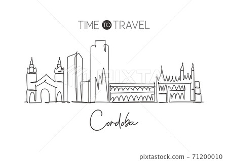 Single continuous line drawing of Cordoba city skyline, Argentina. Famous city scraper landscape postcard print art. World travel destination concept. Modern one line draw design vector illustration 71200010