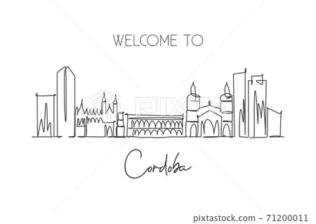 Single continuous line drawing of Cordoba city skyline, Argentina. Famous city scraper landscape postcard print art. World travel destination concept. Modern one line draw design vector illustration 71200011