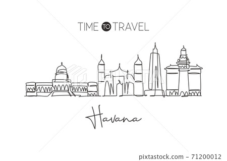 Single continuous line drawing Havana skyline, Cuba. Famous city scraper landscape. World travel destination home wall decor poster print art concept. Modern one line draw design vector illustration 71200012