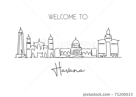 One continuous line drawing Havana city skyline, Cuba. Beautiful landmark postcard print. World landscape tourism travel vacation. Editable stylish stroke single line draw design vector illustration 71200013