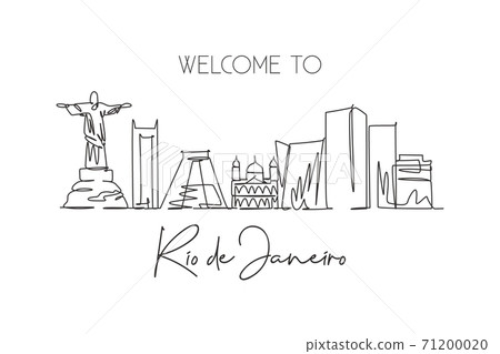 Single continuous line drawing of Rio de Janeiro city skyline, Brazil. Famous city scraper and landscape. World travel postcard concept. Editable stroke modern one line draw design vector illustration Single continuous line drawing of Rio de Janeiro city skyline, Brazil. Famous city scraper and landscape. World travel postcard concept. Editable stroke modern one line draw design vector illustration 71200020