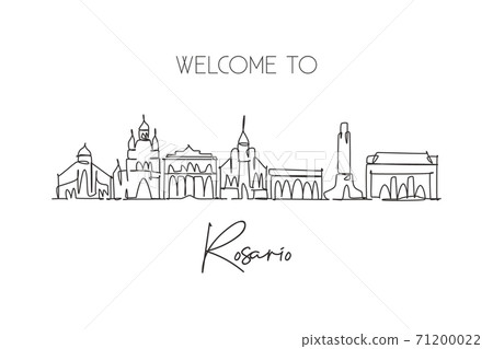 One single line drawing Rosario city skyline, Argentina. World historical town landscape. Best holiday destination wall decor poster print art. Trendy continuous line draw design vector illustration 71200022