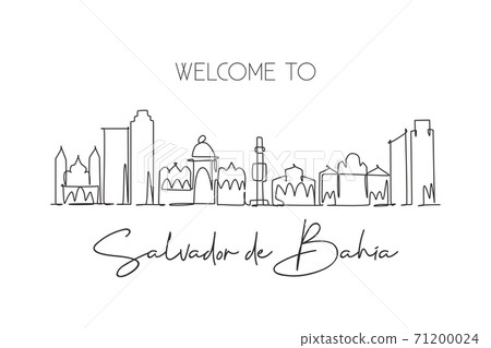 One continuous line drawing of Salvador de Bahia city skyline, Brazil. Beautiful landmark wall decor poster print. World landscape tourism travel. Stylish single line draw design vector illustration One continuous line drawing of Salvador de Bahia city skyline, Brazil. Beautiful landmark wall decor poster print. World landscape tourism travel. Stylish single line draw design vector illustration 71200024