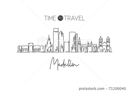 Single continuous line drawing of Medellin city skyline, Colombia. Famous city scraper and landscape. World travel destination concept. Editable stroke modern one line draw design vector illustration 71200040